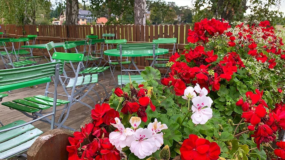 Ein gemütlicher Biergarten mit grünen Biergartentischen und -stühlen unter schattenspendenden Bäumen. Im Vordergrund blühen leuchtend rote und weiße Geranien in einem Blumenkasten, während im Hintergrund die Sitzgelegenheiten auf einer Holzterrasse zum Verweilen einladen. Ein Holzzaun und viel Grün verleihen dem Außenbereich eine ruhige, einladende Atmosphäre.