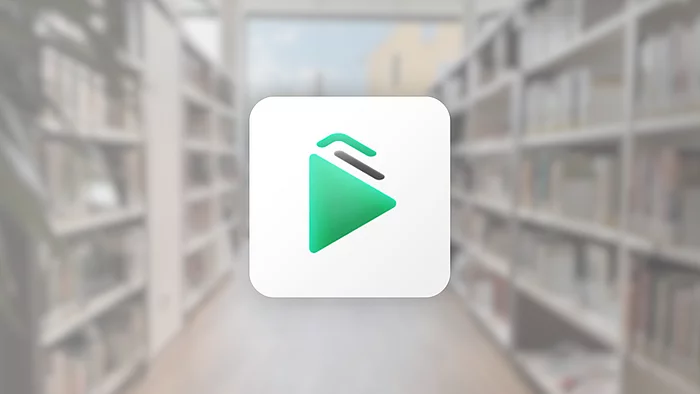 Das grüne Logo der Onleihe ist vor einem unscharfen Hintergrund mit Bücherregalen abgebildet.