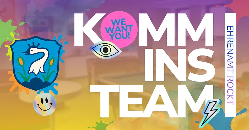 Eine bunte Grafik mit dem Stadtwappen und großen Schriftzügen wirbt vor dem Hintergrund eines Jugendtreffs dafür, dass sich Menschen ehrenamtlich engagieren und Teil des Teams werden.