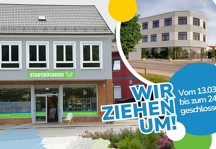 Eine Grafik zeigt die Stadtbücherei von außen sowie ein modernes neues Gebäude und informiert darüber, dass die Bücherei wegen eines Umzugs für mehrere Wochen geschlossen ist.