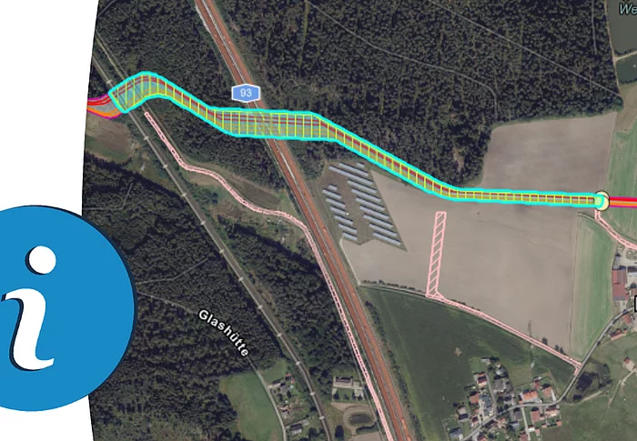 Die Grafik zeigt den geplanten Trassenverlauf des SüdOstLink im Bereich Teublitz und informiert über den bevorstehenden Baustart des Netzausbauprojekts.
