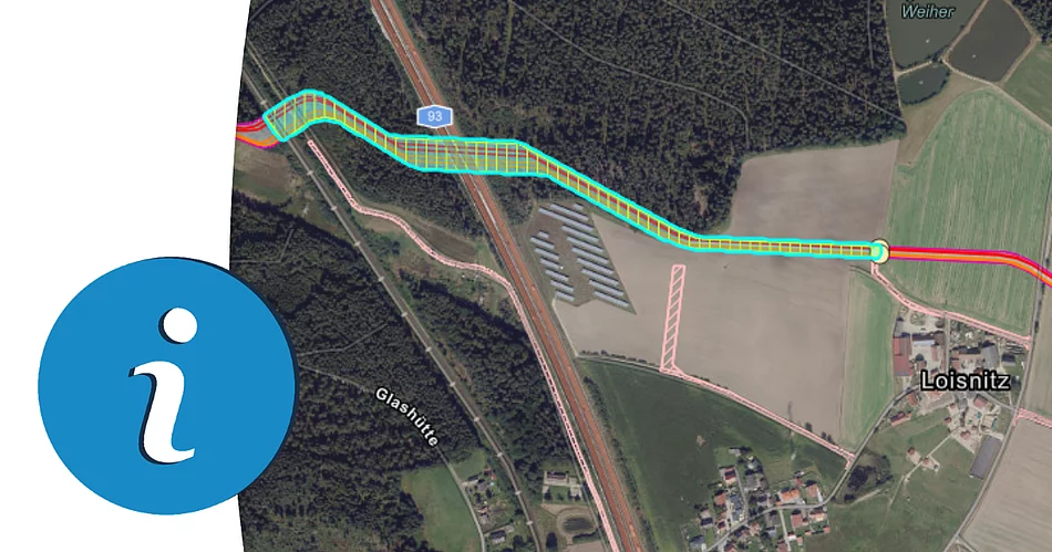 Die Grafik zeigt den geplanten Trassenverlauf des SüdOstLink im Bereich Teublitz und informiert über den bevorstehenden Baustart des Netzausbauprojekts.