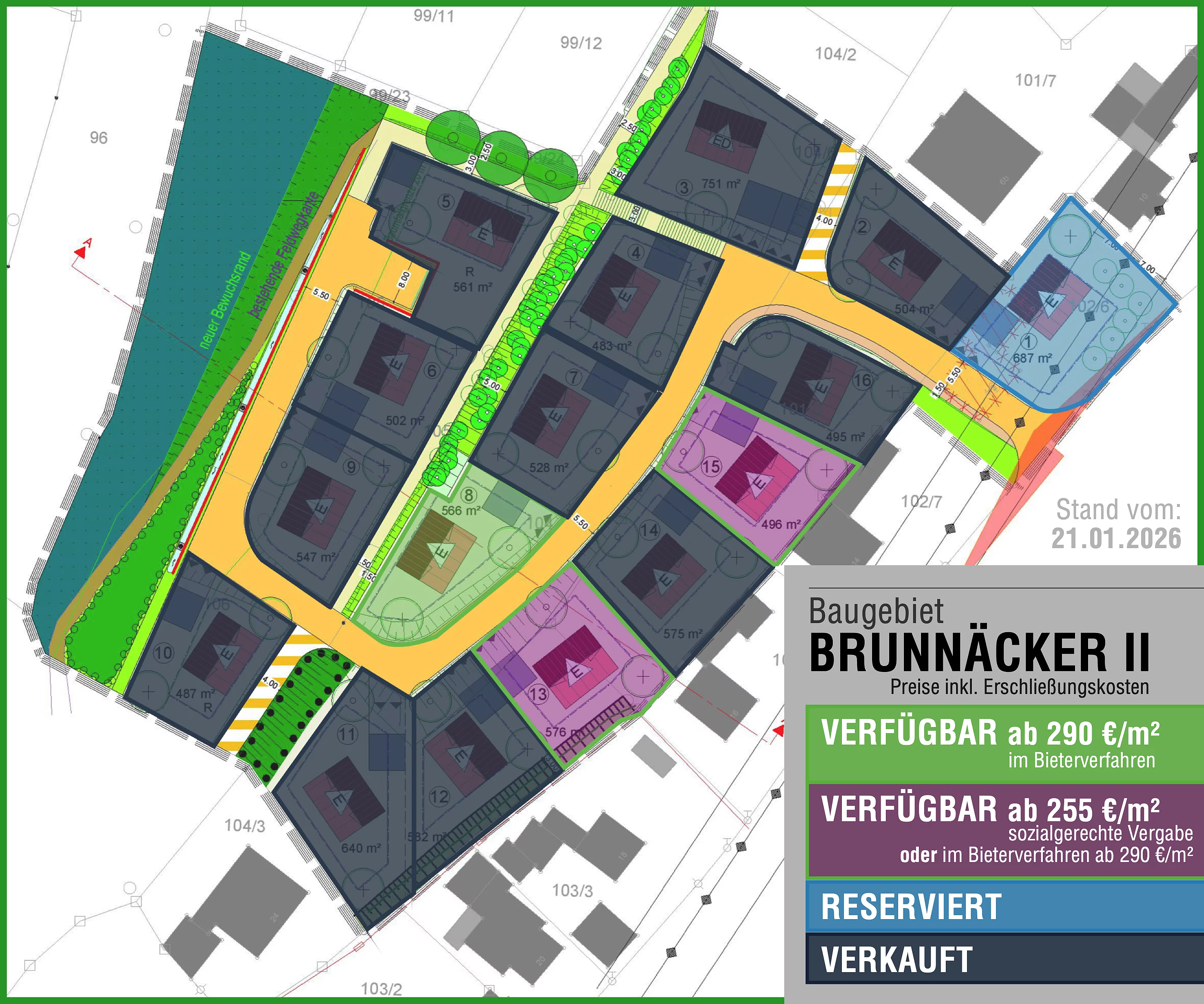 Farblich gekennzeichnete Darstellung des Bebauungsplans "Brunnäcker II" mit verkauften, reservierten und verfügbaren Grundstücken.