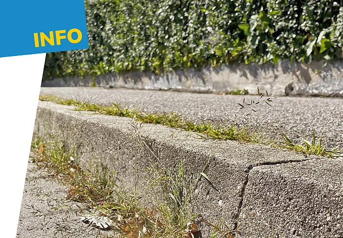 Eine Informationsgrafik zeigt eine Bordsteinkante entlang eines Gehwegs, aus deren Fugen Gras und Unkraut wachsen. Im Hintergrund ist eine Hecke zu sehen. Links befindet sich ein blau-weiß gestalteter Informationsbereich mit der Überschrift „INFO“. In einem dunkelblauen Kreis steht der Hinweis „Grundstückspflege – Das gilt entlang von Straßen und Gehwegen“. Die Grafik weist auf Regelungen zur Pflege und Reinhaltung von Grundstücken entlang öffentlicher Verkehrsflächen hin.