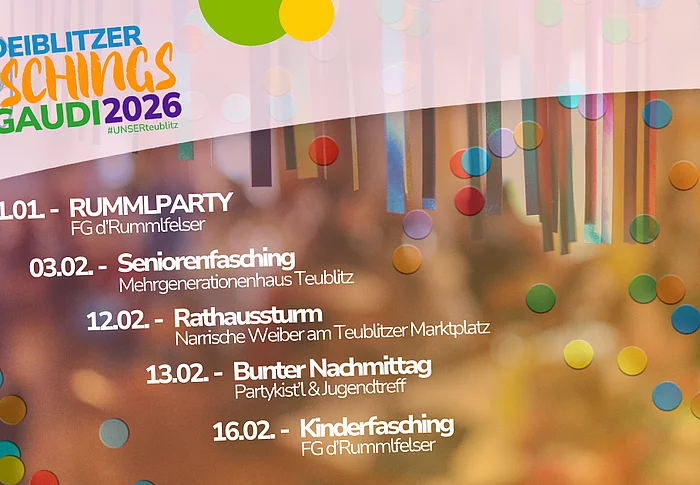 Die Grafik kündigt die „Deiblitzer Faschingsgaudi 2026“ mit mehreren Veranstaltungen von der Rummlparty über Senioren- und Kinderfasching bis hin zum Rathaussturm in Teublitz an.