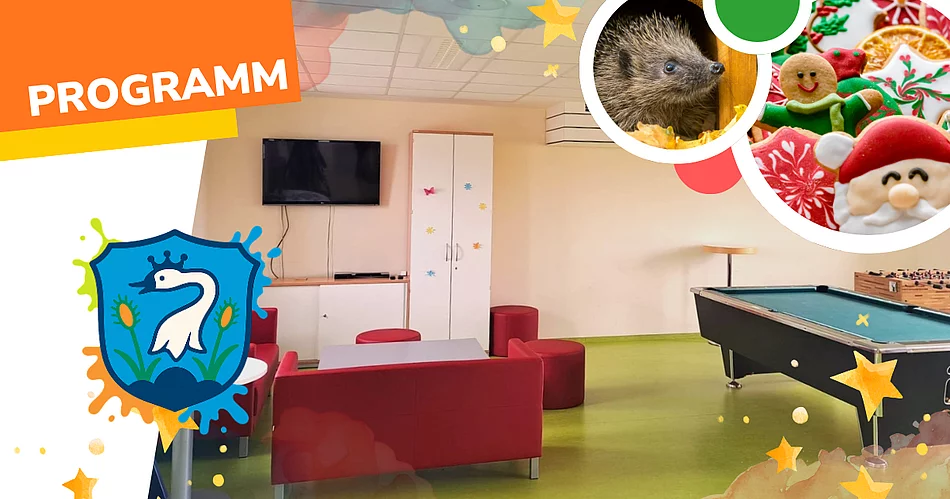 Grafik zum Jugendtreff-Programm für November und Dezember 2026 im Mehrgenerationenhaus Teublitz. Im Hintergrund ist ein Aufenthaltsraum des Jugendtreffs mit roten Sitzmöbeln, einem Fernseher und einem Billardtisch zu sehen. Links befindet sich das blaue Teublitzer Stadtwappen mit einem weißen Schwan. Am oberen Bildrand steht auf orangefarbenem Hintergrund das Wort „PROGRAMM“. Rechts oben sind zwei runde Bildausschnitte mit einem Igel und weihnachtlich dekorierten Plätzchen zu sehen. Bunte Farbakzente und Sterne ergänzen die Gestaltung.