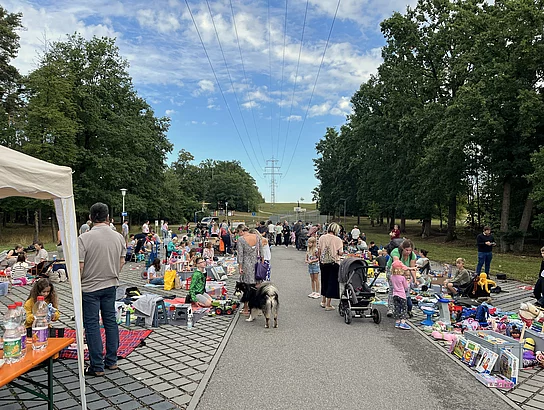 Zahlreiche Familien haben entlang einer breiten Straße zwischen Bäumen ihre Verkaufsplätze aufgebaut. Auf Decken und Tischen liegen Spielzeug, Kinderkleidung, Bücher und weitere Kinderartikel. Viele Erwachsene und Kinder besuchen den Flohmarkt und stöbern an den Ständen.