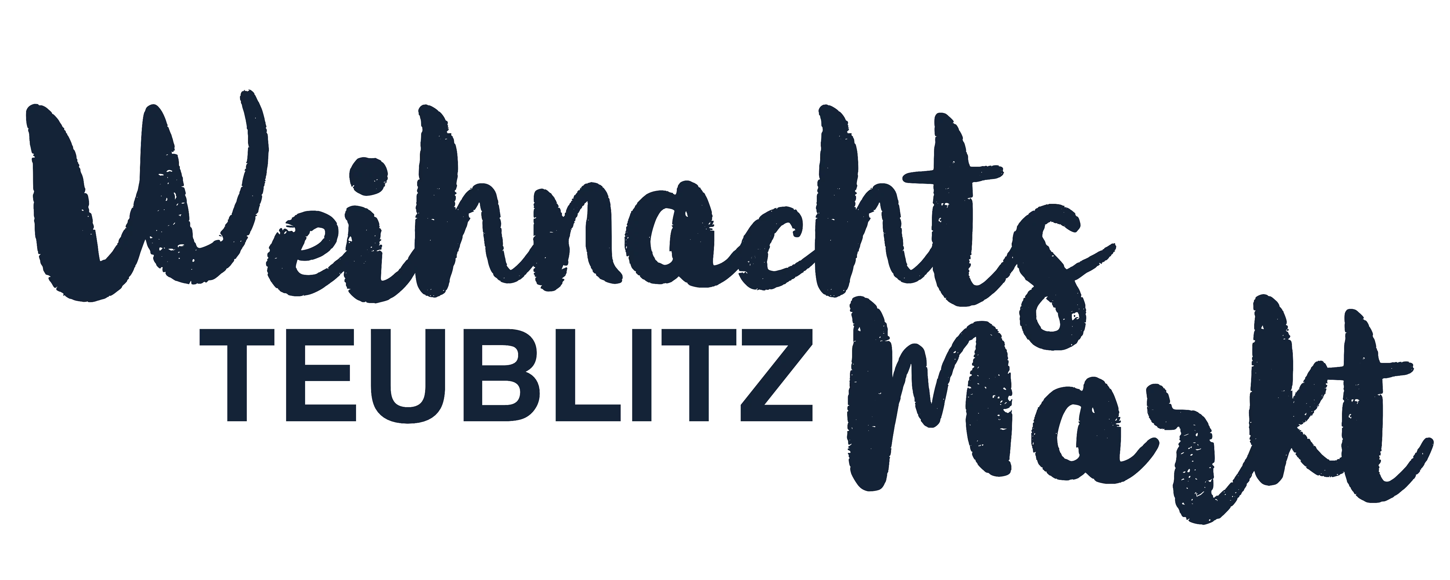 Das Logo zeigt den Schriftzug „Weihnachtsmarkt Teublitz“ in dunkelblauer Schrift, wobei „Weihnachtsmarkt“ in einer handschriftlichen und „Teublitz“ in einer klaren Druckschrift gestaltet ist.