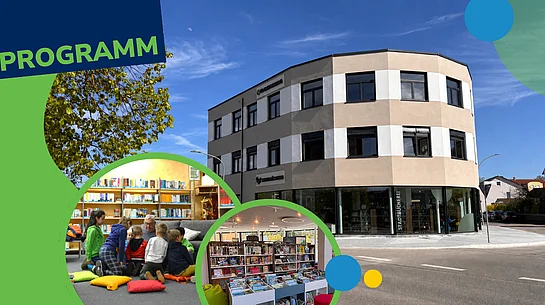 Grafik mit der Aufschrift „PROGRAMM“ vor einer Außenansicht der Stadtbücherei Teublitz. Zwei kreisförmige Bildausschnitte zeigen eine Vorleserunde mit Kindern sowie den Innenbereich der Bücherei mit Bücherregalen. Grüne und blaue Gestaltungselemente ergänzen die Grafik.
