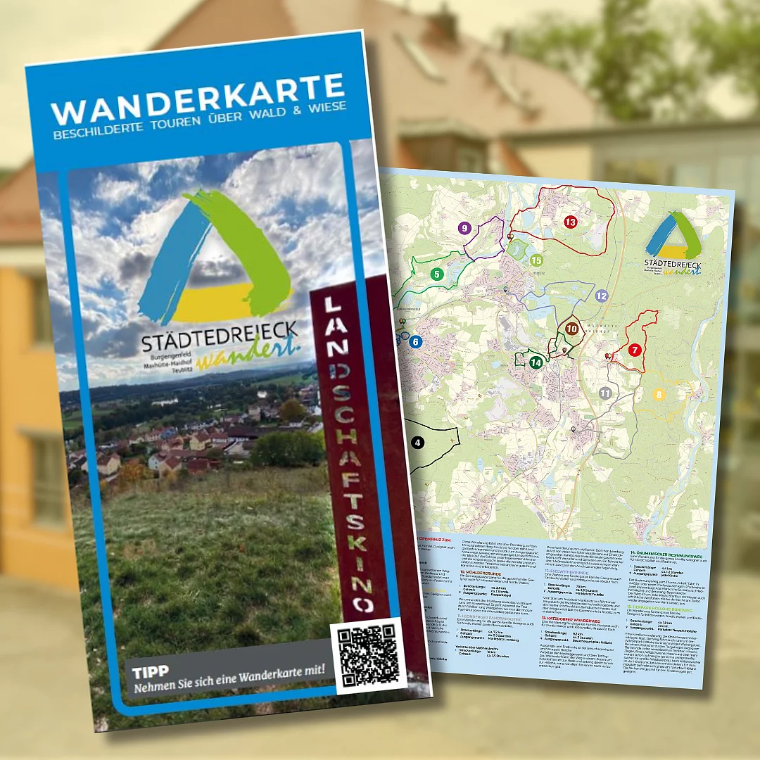 Das Coverbild der Wanderkarte sowie ein Ausschnitt aus der Wanderkarte mit eingezeichneten Routen.
