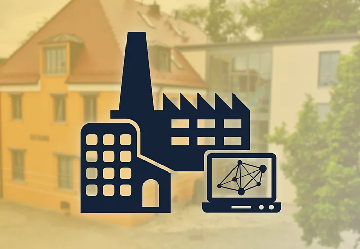 Symbole für Unternehmen, Industrie und Technologie vor einer Ansicht des Teublitzer Rathauses.