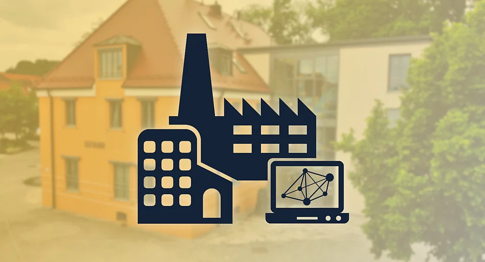 Symbole für Unternehmen, Industrie und Technologie vor einer Ansicht des Teublitzer Rathauses.