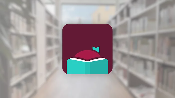 Das Libby-Logo mit einem stilisierten geöffneten Buch ist vor einem unscharfen Hintergrund mit Bücherregalen abgebildet.