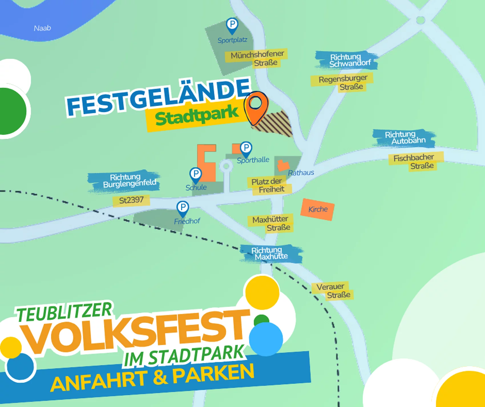 Eine schematische Karte zeigt das Festgelände des Teublitzer Volksfests im Stadtpark sowie umliegende Straßen, Richtungen und Parkmöglichkeiten.