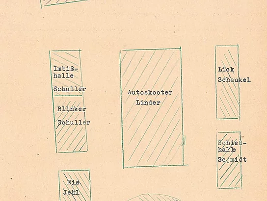 Standplan des Teublitzer Volksfests aus dem Jahr 1954 mit Fahrgeschäften und Buden.