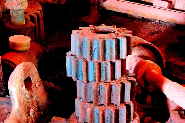 Alte Zahnräder im Innenraum, bedeckt von rotem Staub.