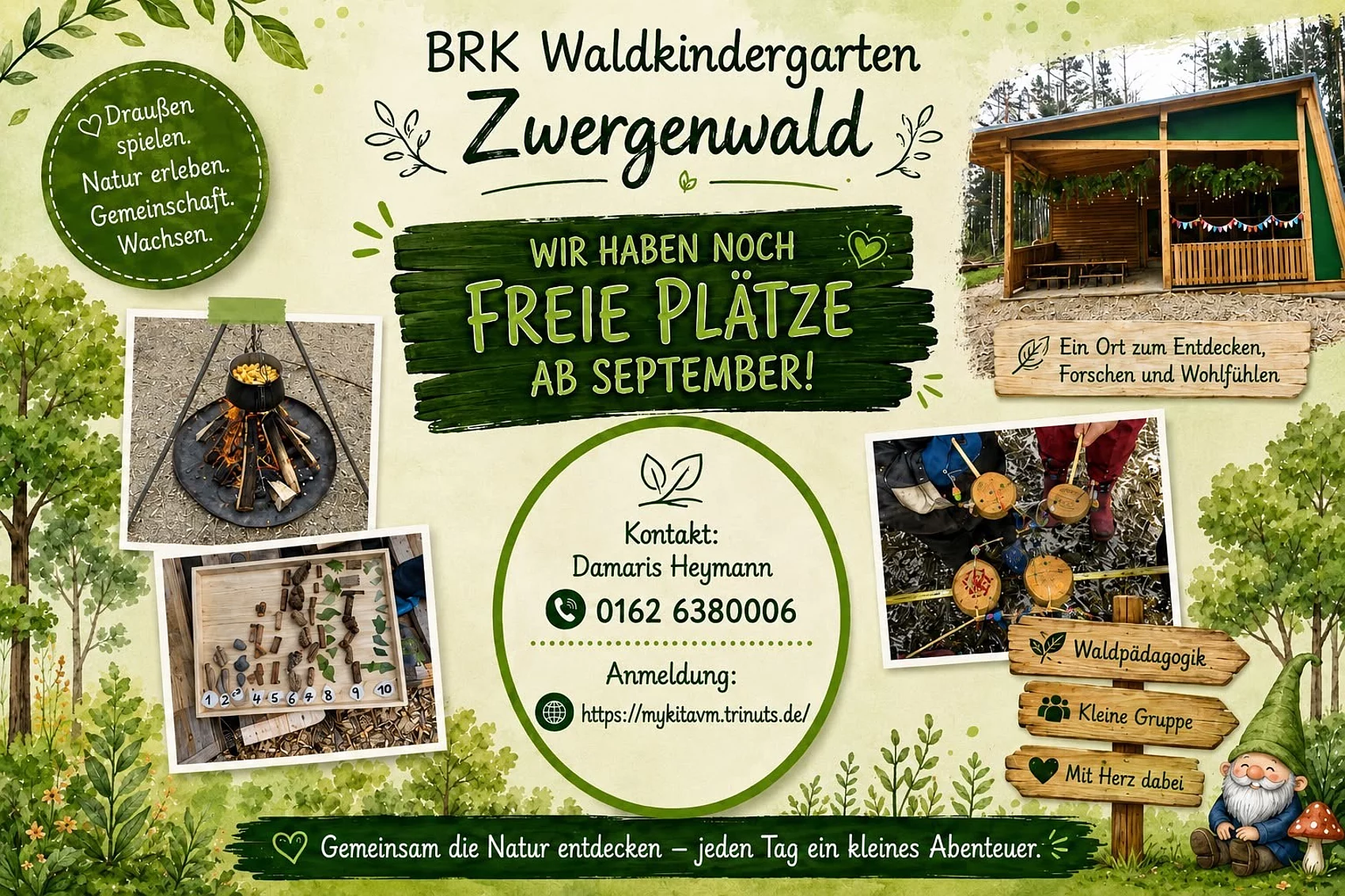 Collage zum BRK-Waldkindergarten „Zwergenwald“ in Teublitz mit Fotos der Schutzhütte, einer Feuerstelle mit Kochkessel sowie Natur- und Spielmaterialien. Ergänzend informiert die Grafik über das naturpädagogische Konzept, freie Betreuungsplätze ab September sowie die Kontaktdaten und Anmeldemöglichkeiten.