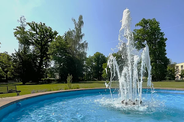 Wasserfontänen aus einem blau leuchtenden Becken. Im Hintergrund ein Rasen, Sitzbänke und Bäume.