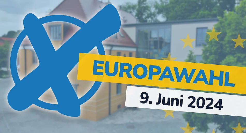 Logo zur Wahl mit der Aufschrift "Europawahl 9. Juni 2024". Im Hintergrund eine Ansicht des Teublitzer Rathauses.