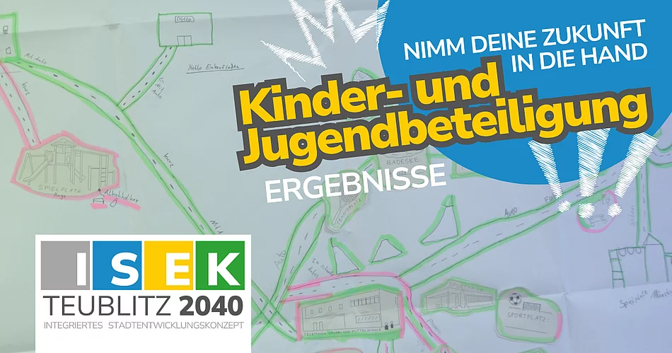 Das ISEK-Logo auf einem Bild einer gebastelten Mind-Map. Zudem die Beschriftung "Kinder- und Jugendbeteiligung Ergebnisse"