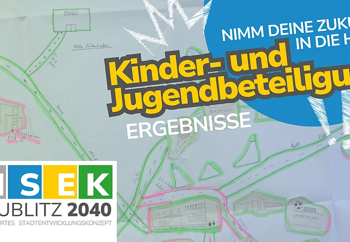 Das ISEK-Logo auf einem Bild einer gebastelten Mind-Map. Zudem die Beschriftung "Kinder- und Jugendbeteiligung Ergebnisse"