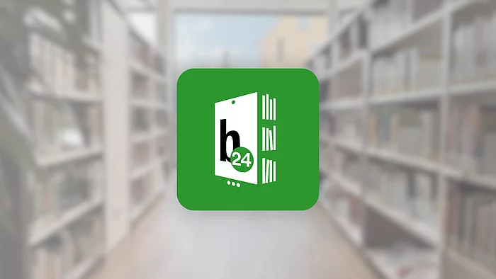 Das grün-weiße Logo der B24-App ist vor einem unscharfen Hintergrund mit Bücherregalen abgebildet.
