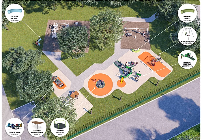 Eine Vogelperspektive zeigt den Entwurf eines inklusiven Spielplatzes mit verschiedenen Spielgeräten, Wegen, Bäumen und gekennzeichneten Bereichen wie Karussell, Wippe und Spielturm mit Rampe.