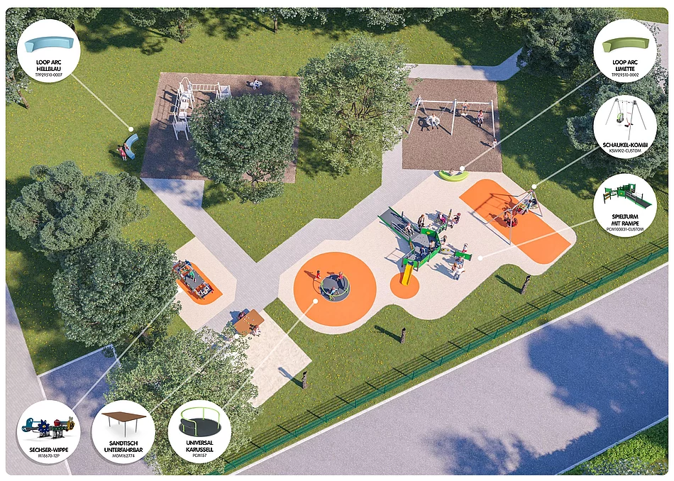 Eine Vogelperspektive zeigt den Entwurf eines inklusiven Spielplatzes mit verschiedenen Spielgeräten, Wegen, Bäumen und gekennzeichneten Bereichen wie Karussell, Wippe und Spielturm mit Rampe.