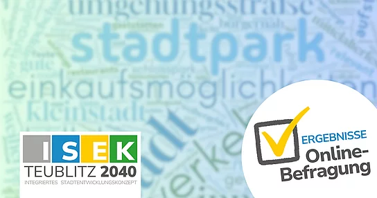 Das ISEK-Logo auf einem Bild mit einem Wörtergewirr, auf dem eine Checkbox mit einem gelben Häkchenen versehen ist. Zudem die Beschriftung "Ergebnisse Online-Befragung"