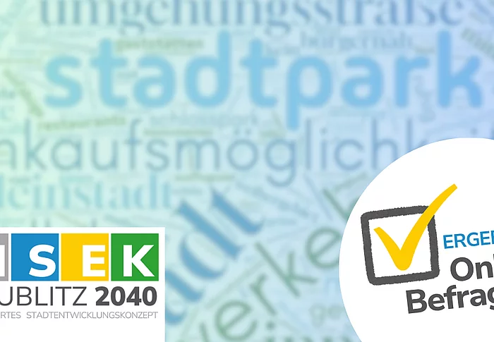 Das ISEK-Logo auf einem Bild mit einem Wörtergewirr, auf dem eine Checkbox mit einem gelben Häkchenen versehen ist. Zudem die Beschriftung "Ergebnisse Online-Befragung"