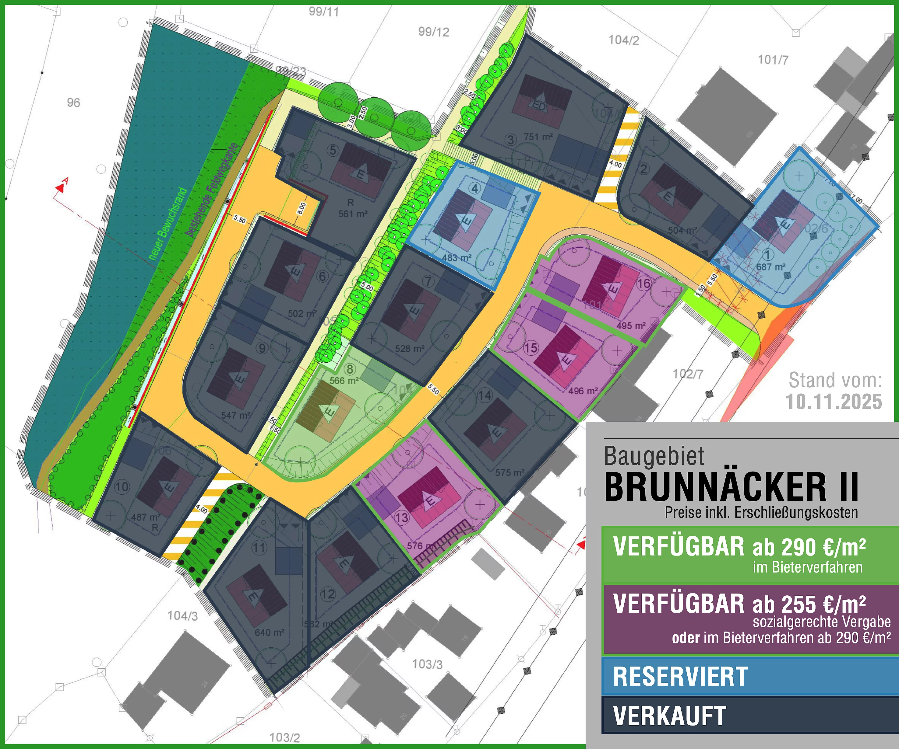Farblich gekennzeichnete Darstellung des Bebauungsplans "Brunnäcker II" mit verkauften, reservierten und verfügbaren Grundstücken.