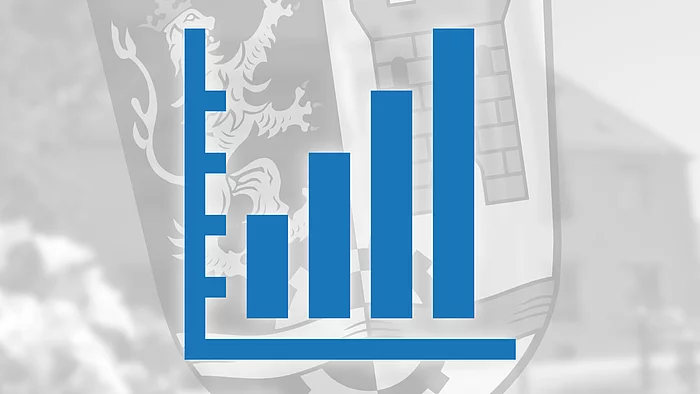 Grafik einer Statistik im Vordergrund. Im Hintergrund das Wappen des Landkreises Schwandorf und eine Ansicht des Rathauses.