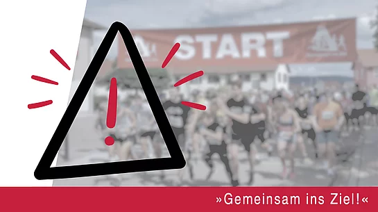 Grafik zur Absage des Städtedreieckslaufs mit einem großen Warnsymbol vor einem unscharfen Foto von Läuferinnen und Läufern im Startbereich.