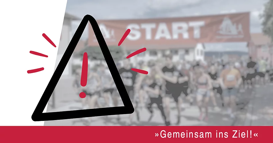 Grafik zur Absage des Städtedreieckslaufs mit einem großen Warnsymbol vor einem unscharfen Foto von Läuferinnen und Läufern im Startbereich.