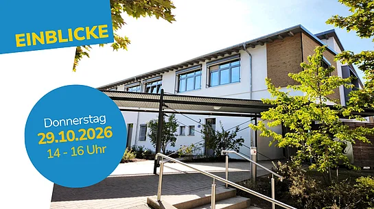 Ankündigung zum Tag der offenen Tür im Erweiterungsbau der Telemann-Schule. Im Hintergrund ist das neue zweigeschossige Schulgebäude mit weißer Fassade, Holzverkleidung und Bäumen zu sehen. Links stehen auf blauem Hintergrund die Aufschrift „Einblicke“ sowie die Veranstaltungsdaten: Donnerstag, 29. Oktober 2026, 14 bis 16 Uhr.