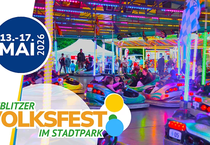Eine Grafik zeigt Autoscooter auf einem bunt beleuchteten Volksfest-Fahrgeschäft sowie den Hinweis auf das Teublitzer Volksfest im Stadtpark vom 13. bis 17. Mai 2026.