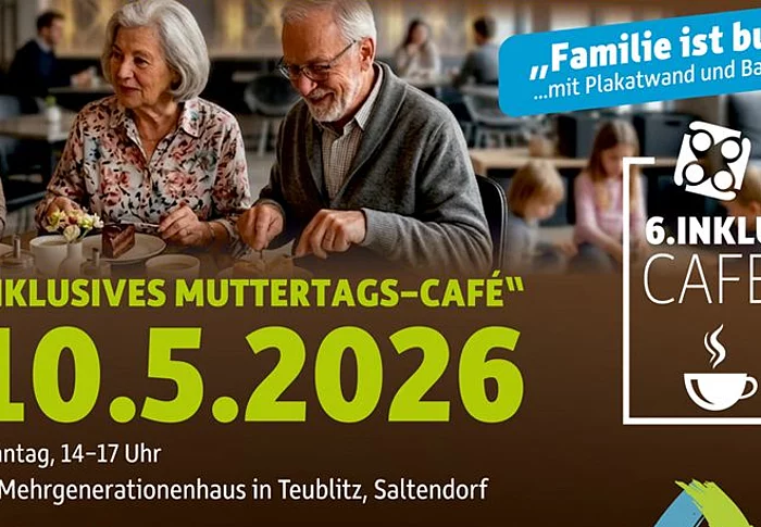 Werbegrafik für die „Familienwoche 2026“ in Teublitz mit Hinweis auf ein inklusives Muttertags-Café am 10.05.2026 im Mehrgenerationenhaus.