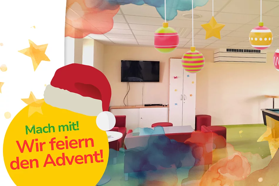 Ein weihnachtlich geschmückter Jugendraum mit bunten Ornamenten und Sternen zeigt Sitzgelegenheiten, einen Billardtisch und einen Fernseher, begleitet von dem Schriftzug „Mach mit! Wir feiern den Advent!“.