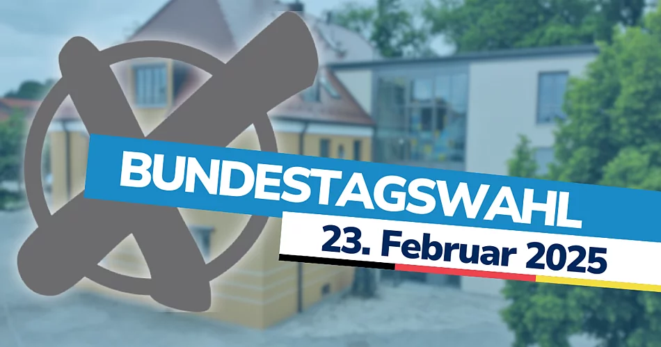 Logo zur Wahl mit der Aufschrift "Bundestagswahl 23. Februar 2025". Im Hintergrund eine Ansicht des Teublitzer Rathauses.