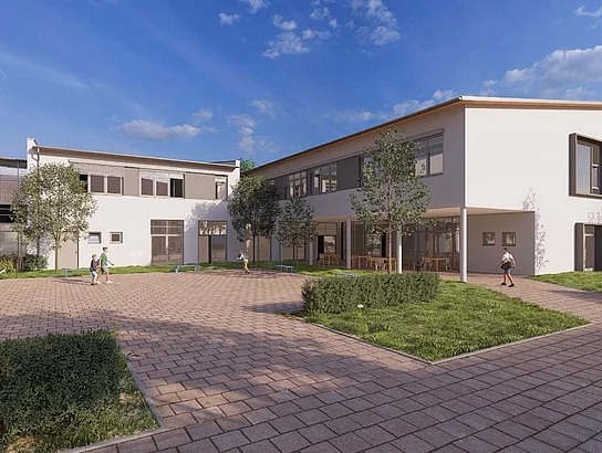 Eine Visualisierung zeigt einen modernen Schulgebäudekomplex mit Innenhof, Bäumen und spielenden Kindern auf einem gepflasterten Platz.