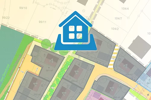 Die Grafik kennzeichnet einen Beitrag zum Thema Grundstücksverkäufe und weist darauf hin, dass der Beitrag Informationen zu verfügbaren Baugrundstücken oder deren Vergabe enthält.