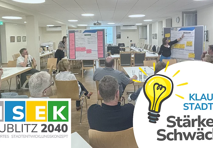 Das ISEK-Logo auf einem Bild vom Sitzungssaal mit den Mitgliedern des Teublitzer Stadtrates. Zudem die Beschriftung "Klausur Stadtrat - Stärken & Schwächen".