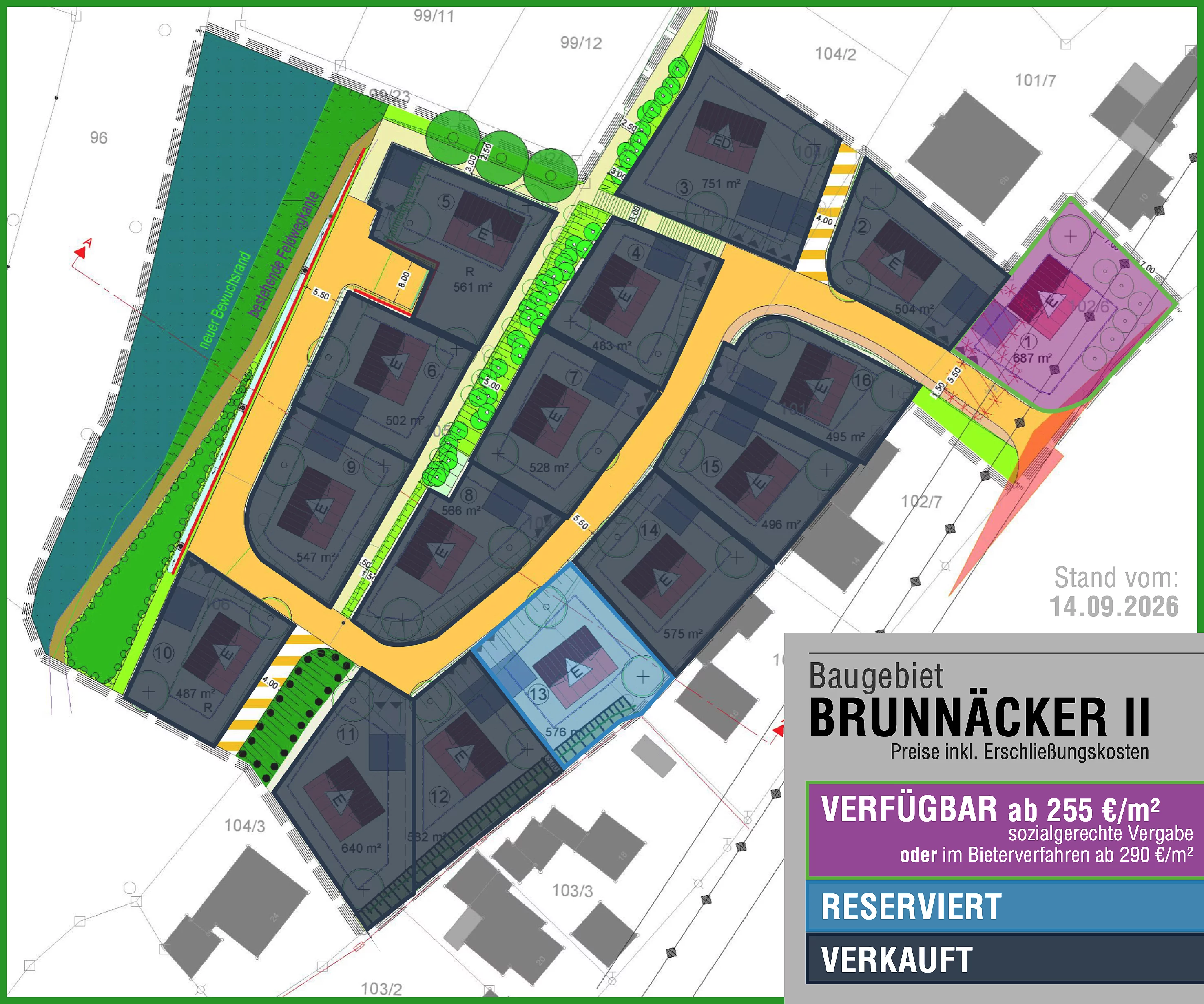 Farblich gekennzeichnete Darstellung des Bebauungsplans "Brunnäcker II" mit verkauften, reservierten und verfügbaren Grundstücken.