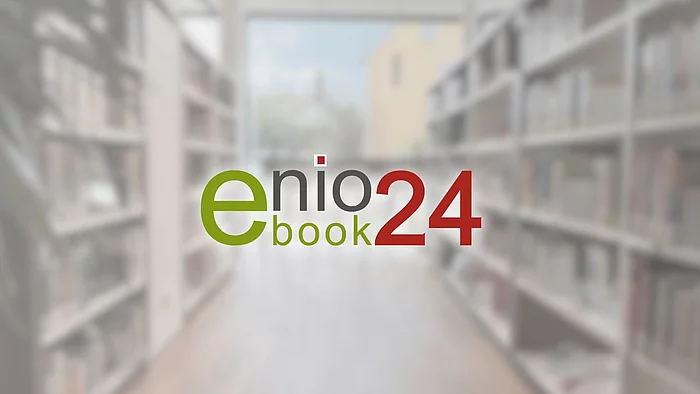 Vor einem unscharfen Hintergrund mit Bücherregalen einer Bibliothek ist mittig das Logo „enio book24“ platziert. Der Schriftzug kombiniert Grün, Grau und Rot und weist auf ein digitales E-Book-Angebot der Stadtbücherei hin.