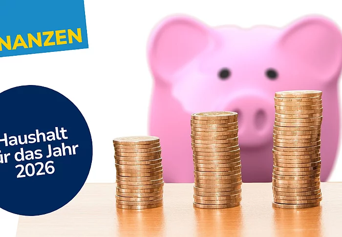 Grafik mit dem Titel „Finanzen – Haushalt für das Jahr 2026“, die drei steigende Münzstapel vor einem unscharfen Sparschwein zeigt.