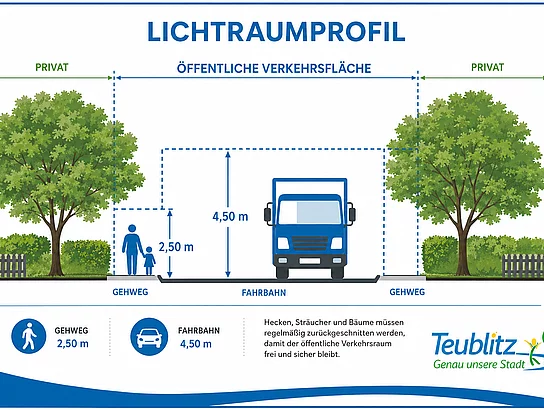 Eine schematische Infografik erklärt das erforderliche Lichtraumprofil entlang öffentlicher Verkehrsflächen. In der Mitte ist eine Fahrbahn mit einem Lkw dargestellt, links und rechts befinden sich Gehwege sowie Privatgrundstücke mit Bäumen, Hecken und Zäunen. Gestrichelte Linien markieren den Bereich, der durch zurückgeschnittene Bepflanzung freigehalten werden muss. Über Gehwegen ist eine lichte Höhe von 2,50 Metern, über der Fahrbahn von 4,50 Metern eingezeichnet. Die Grafik verdeutlicht, dass Äste und Sträucher nicht in den öffentlichen Verkehrsraum hineinragen dürfen. Unten rechts befindet sich das Logo der Stadt Teublitz.