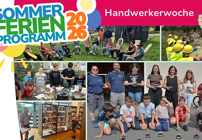 Collage zur Handwerkerwoche im Sommerferienprogramm 2026. Mehrere Fotos zeigen Kinder und Jugendliche bei unterschiedlichen Aktionen: beim gemeinsamen Sitzen auf selbst gebauten Holzstühlen, bei einer Betriebsbesichtigung mit Schutzhelmen und Warnwesten, beim praktischen Arbeiten in einer Werkstatt, beim Experimentieren in der Stadtbücherei sowie mit selbst gebauten kleinen Fahrzeugen. Oben links ist das farbige Logo „Sommerferienprogramm 2026“, daneben der Schriftzug „Handwerkerwoche“ mit einem Daumen-hoch-Symbol zu sehen.
