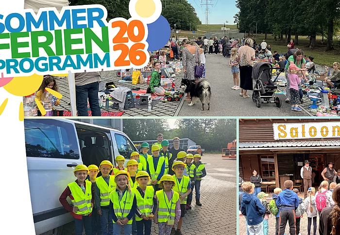 Collage zum Sommerferienprogramm 2026 mit drei Fotos. Oben ist ein gut besuchter Kinderwarenflohmarkt zu sehen, bei dem Familien entlang einer Straße zwischen zahlreichen Verkaufsständen unterwegs sind. Links unten steht eine Gruppe von Kindern in gelben Warnwesten und Schutzhelmen gemeinsam mit zwei Erwachsenen vor einem Kleinbus. Rechts unten versammeln sich zahlreiche Kinder vor einem Gebäude im Westernstil mit der Aufschrift „Saloon“, wo mehrere als Cowboys gekleidete Personen die Gruppe begrüßen. Links oben befindet sich der farbenfrohe Schriftzug „Sommerferienprogramm 2026“.
