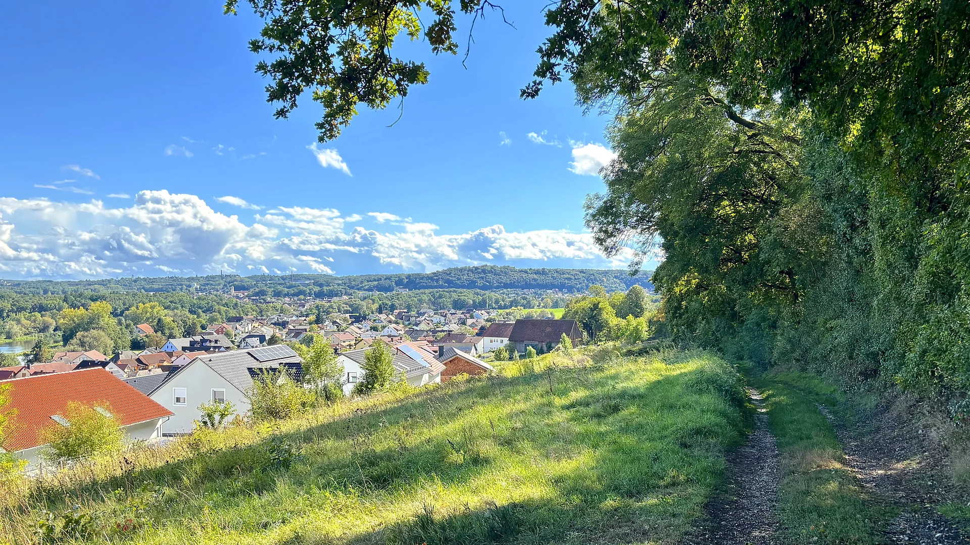 Ein schmaler Wiesenweg verläuft am Rand eines bewaldeten Hangs oberhalb eines Ortes, dessen Dächer sich unter einem weiten blauen Himmel mit Wolken ausbreiten.