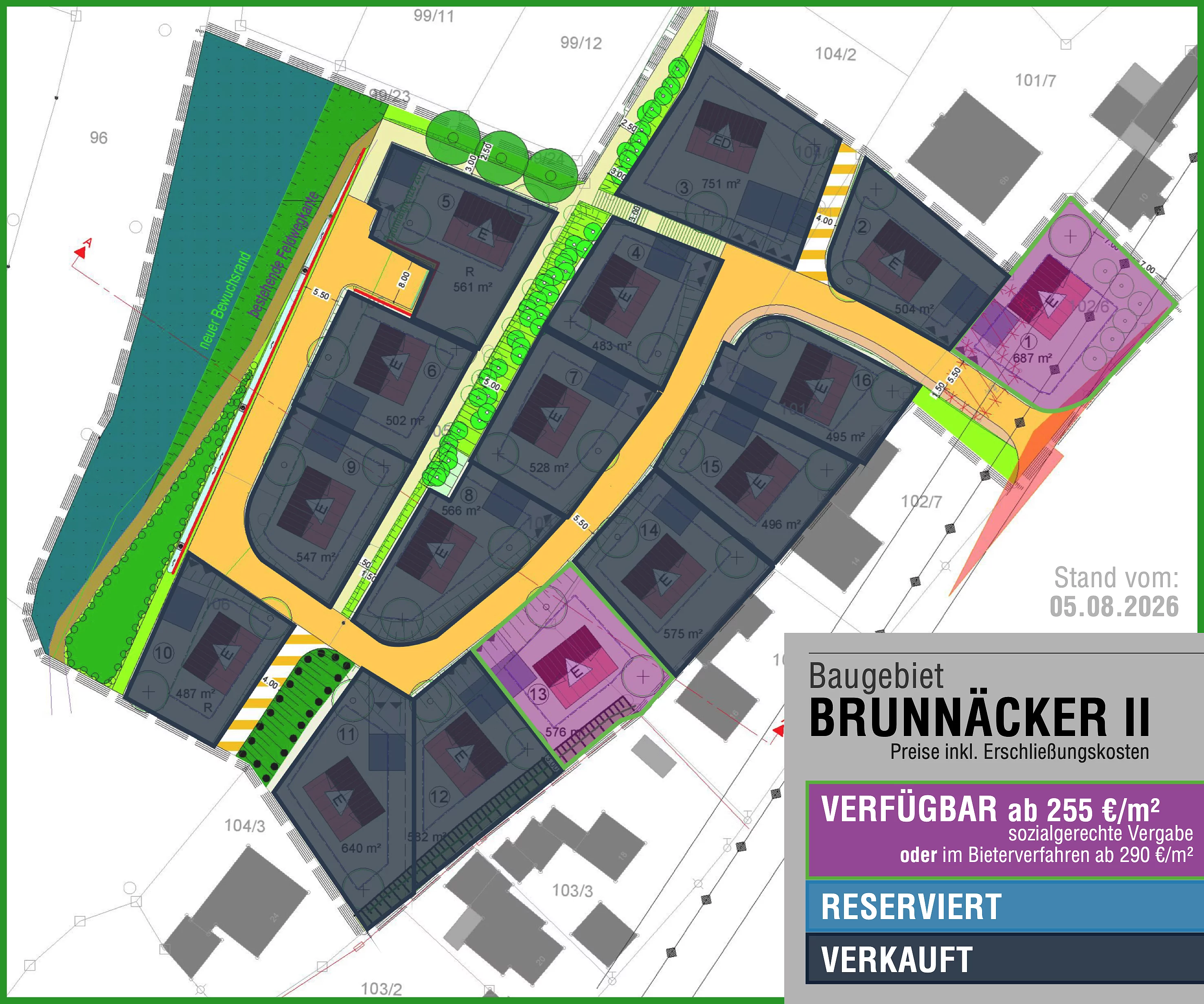 Farblich gekennzeichnete Darstellung des Bebauungsplans "Brunnäcker II" mit verkauften, reservierten und verfügbaren Grundstücken.